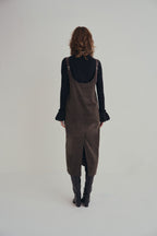 可可棕絨毛細肩帶洋裝