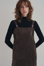 可可棕絨毛細肩帶洋裝