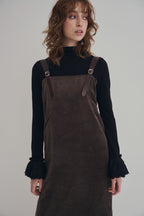 可可棕絨毛細肩帶洋裝