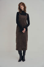 可可棕絨毛細肩帶洋裝