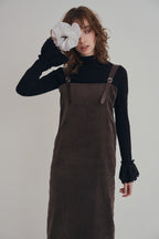 可可棕絨毛細肩帶洋裝