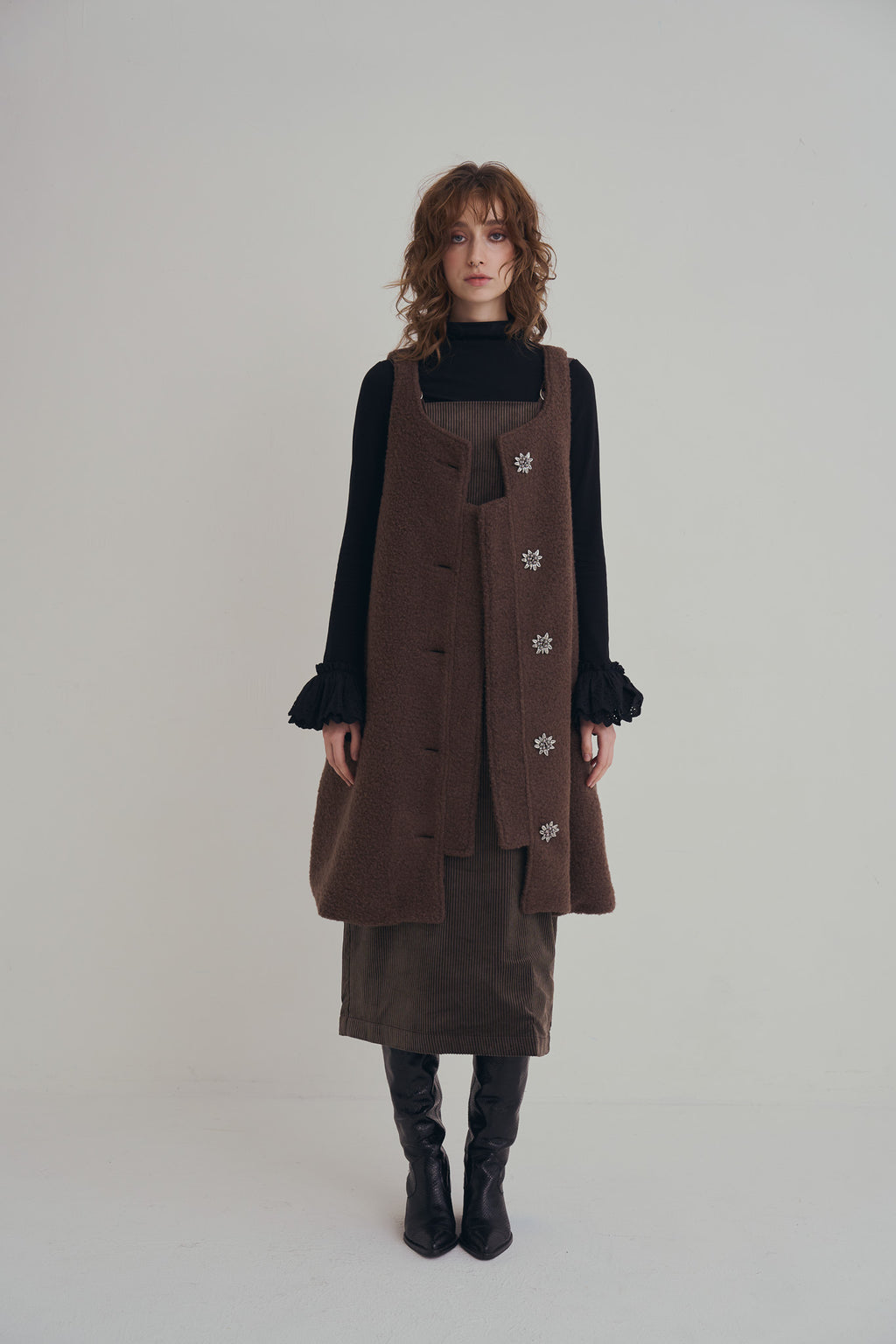 羊絨背心洋裝外套｜可可棕