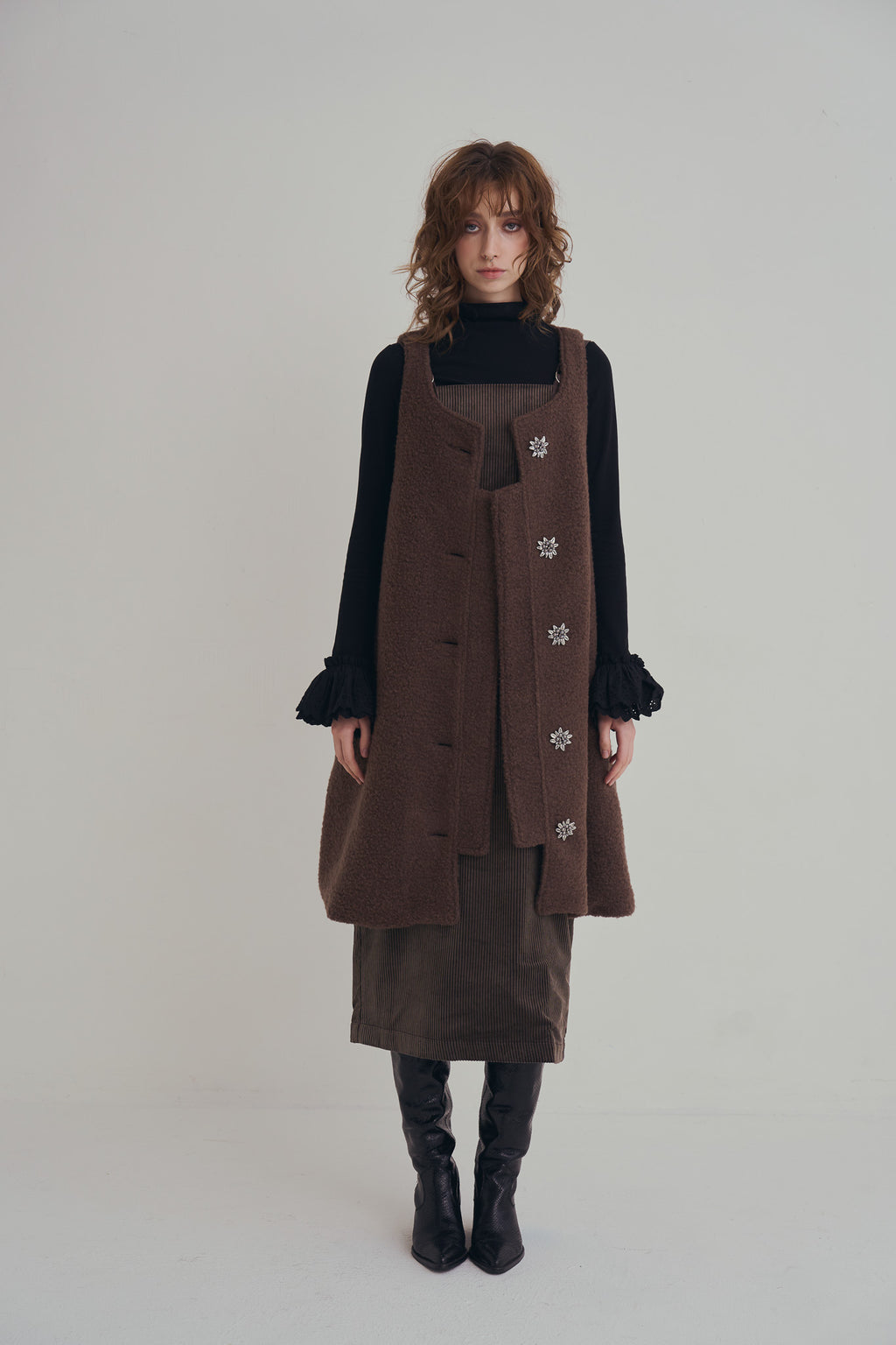 羊絨背心洋裝外套｜可可棕