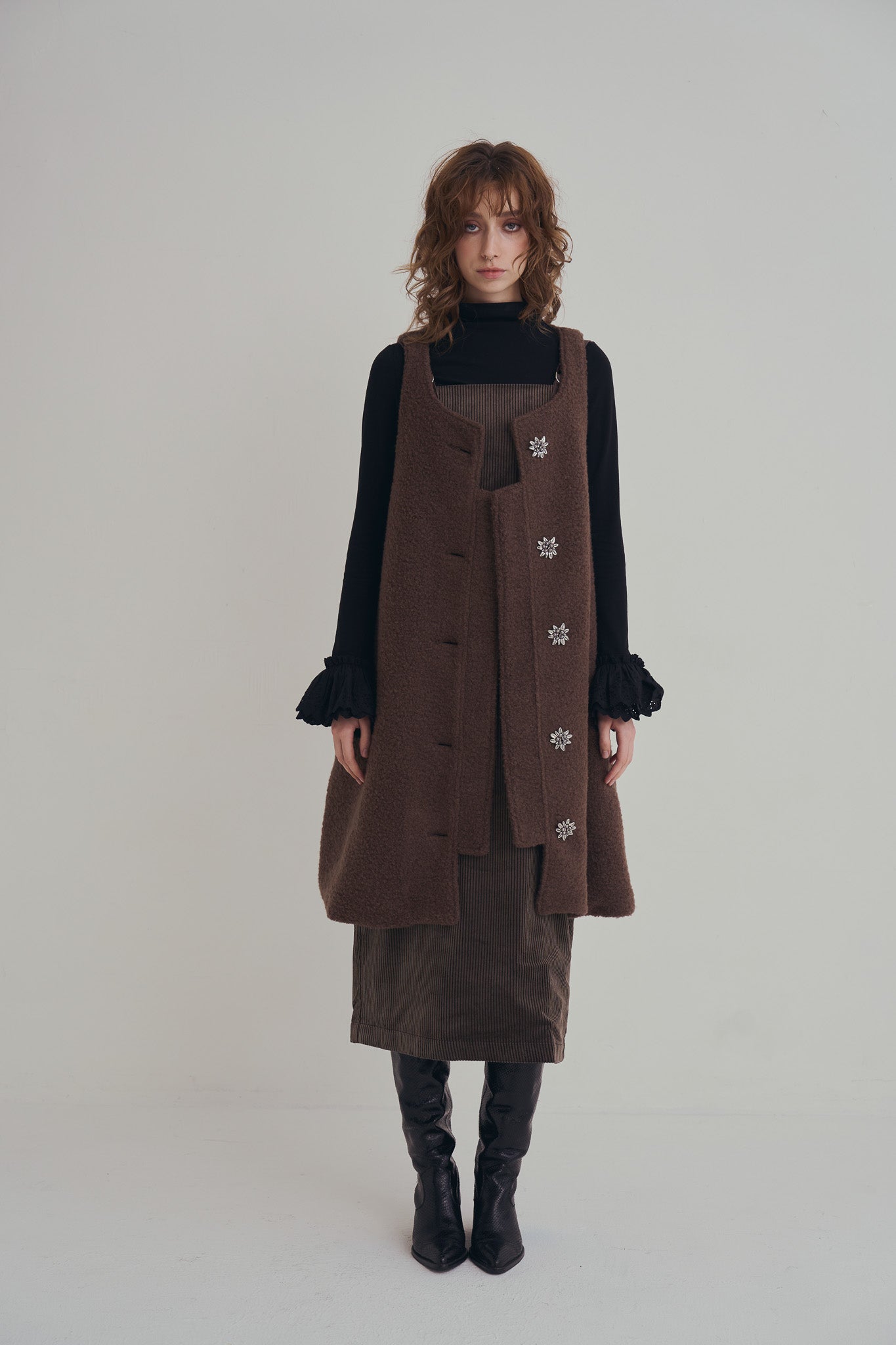 羊絨背心洋裝外套｜可可棕