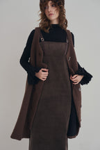 可可棕絨毛細肩帶洋裝