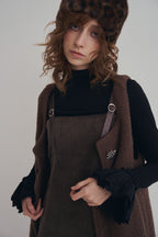 可可棕絨毛細肩帶洋裝