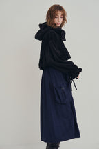 深藍肩帶雙口袋廓形洋裝