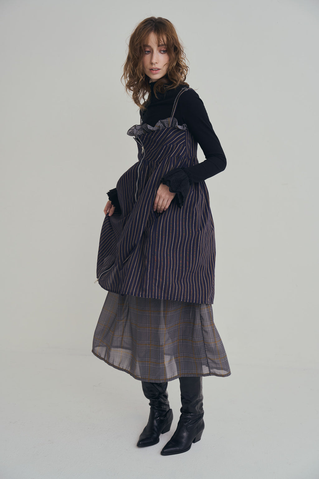 日本格紋紗紗口袋洋裝