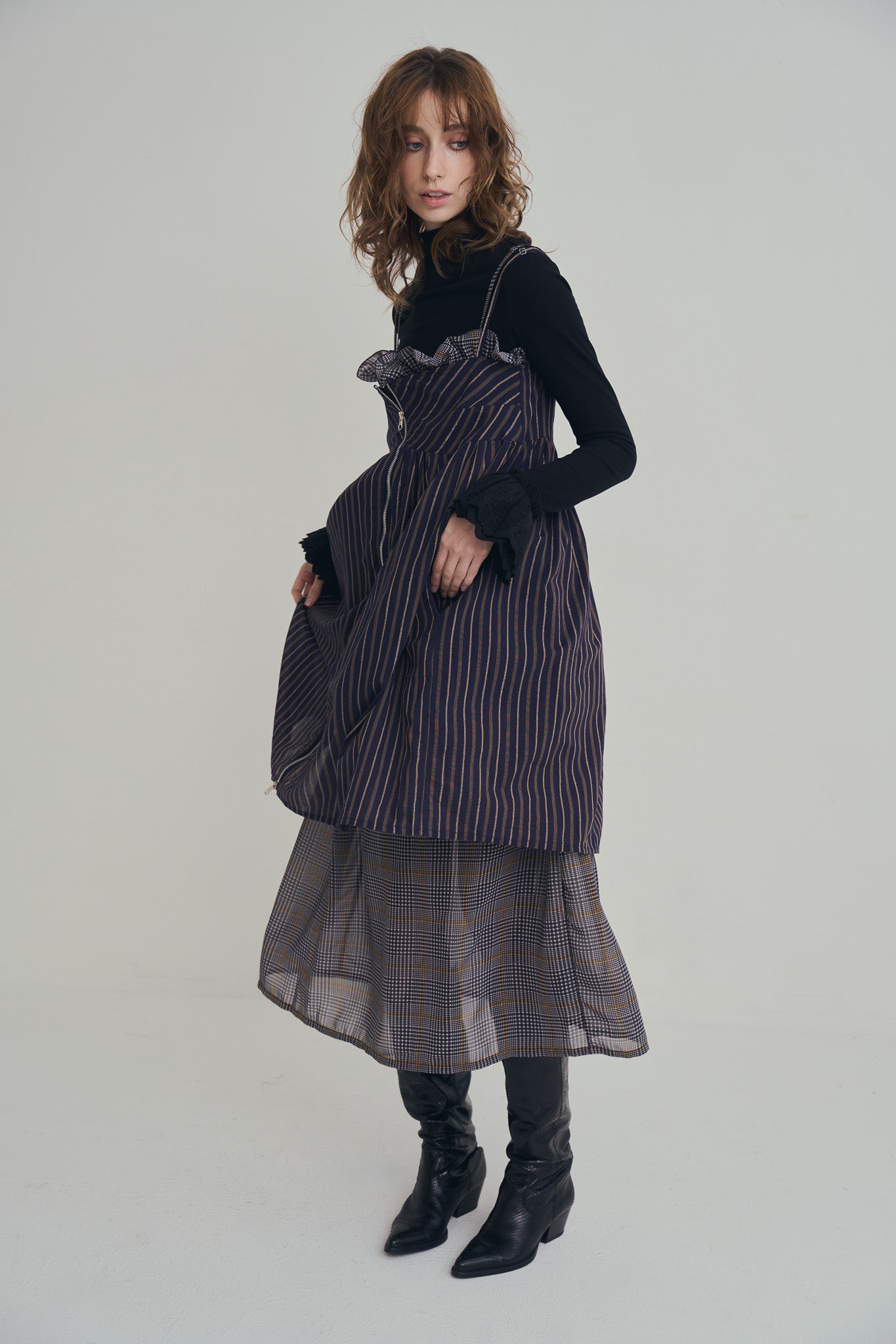 日本格紋紗紗口袋洋裝