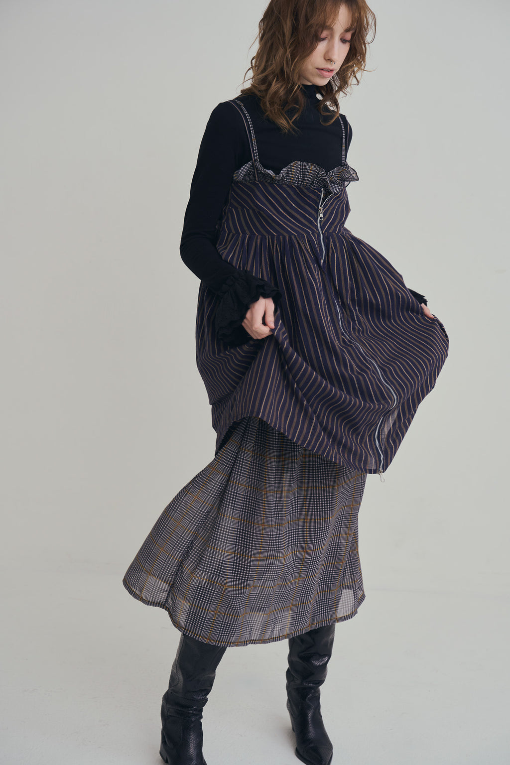 日本格紋紗紗口袋洋裝